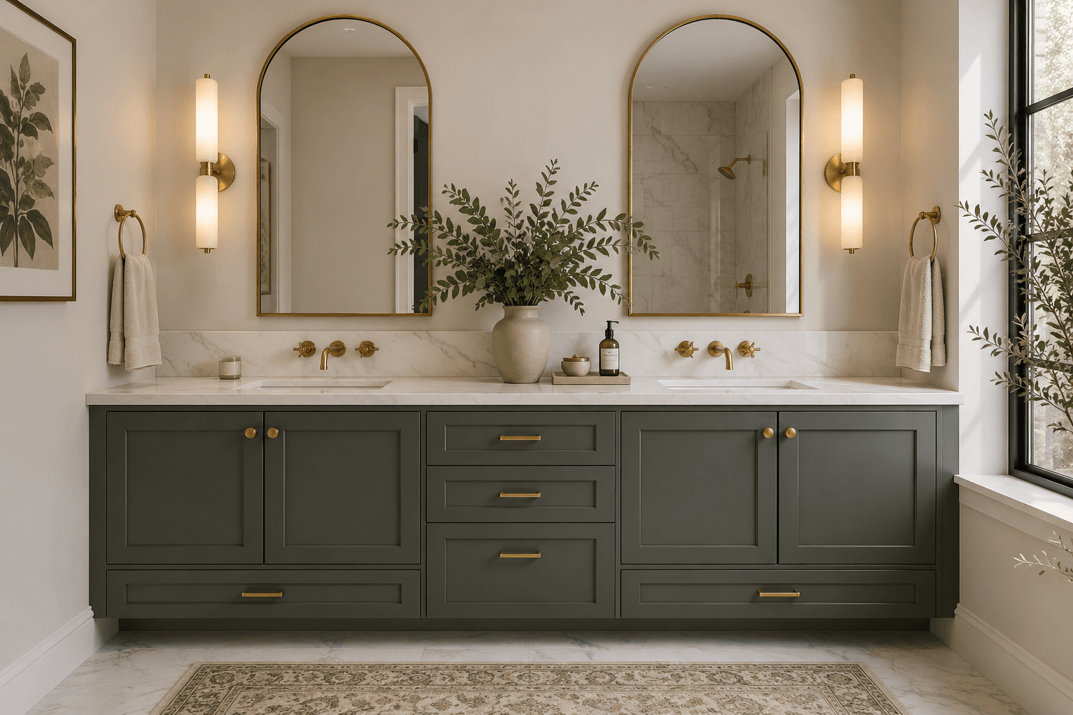 Wide olive green double vanity standing on a toe kick, with shaker doors, brass bar pulls, a pale stone top and matching backsplash, two undermount sinks below wall-mounted brass faucets, and a pair of arched brass mirrors between tube sconces, the kind of run a bathroom vanity installation is planned around