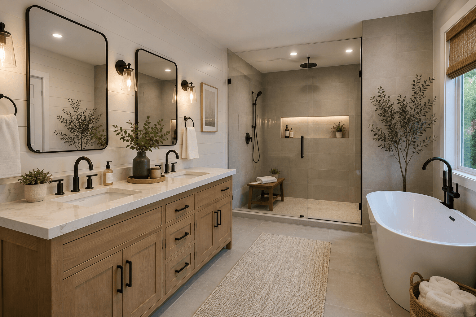 Bathroom with a white oak double vanity run beneath two black-framed mirrors, a glass shower with a lit recessed niche and a bench, and a freestanding tub by the window, the kind of room built-in bathroom cabinets get fitted into