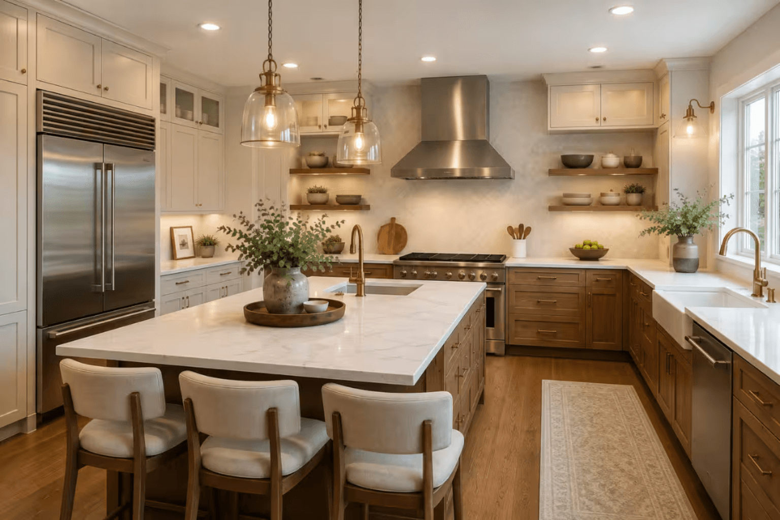 Kitchen with cream upper cabinets and warm wood lowers, a stainless range under a stainless chimney hood, open walnut shelves on either side, and a large white marble-topped island with three upholstered stools under brass pendants, the kind of two-tone scheme a full kitchen remodel is built around