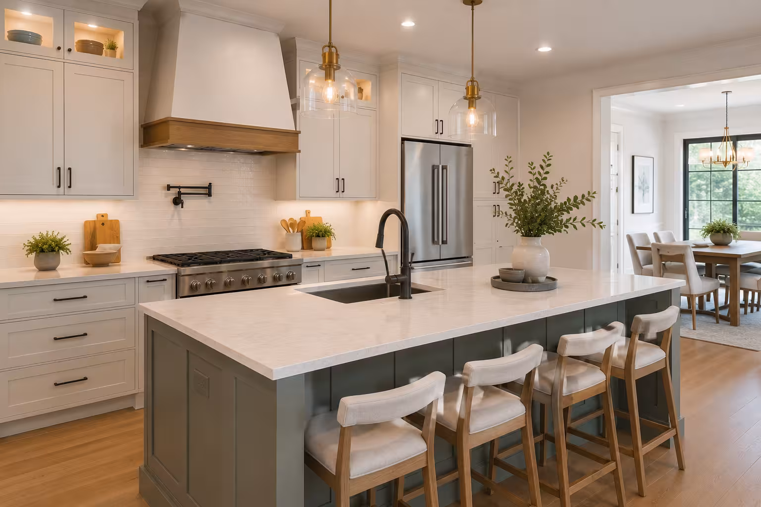 Kitchen with pale grey shaker cabinets, a white range hood banded in wood, and a sage green island topped in white quartz with four stools, opening through a wide cased doorway into a dining room, the kind of layout a full kitchen remodel opens up