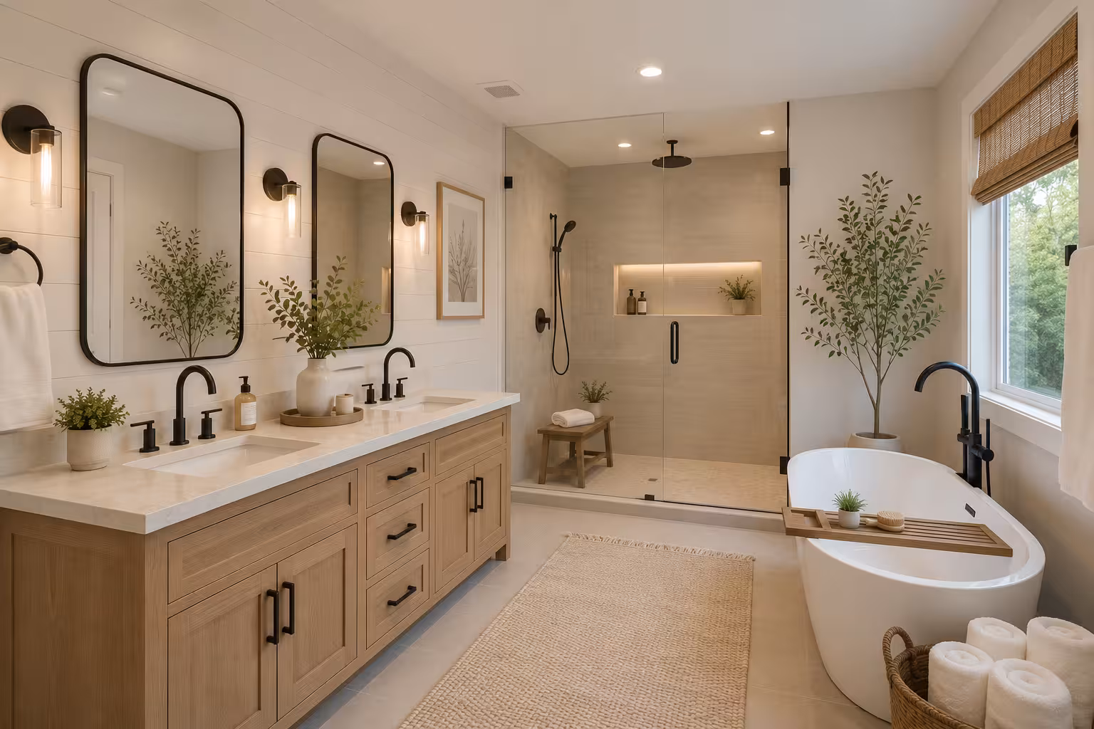 Bathroom with a white oak double vanity under two black-framed mirrors, a glass walk-in shower with a lit niche and a wooden stool, and a freestanding tub beside a window with a woven shade, the scope a full bathroom remodel covers