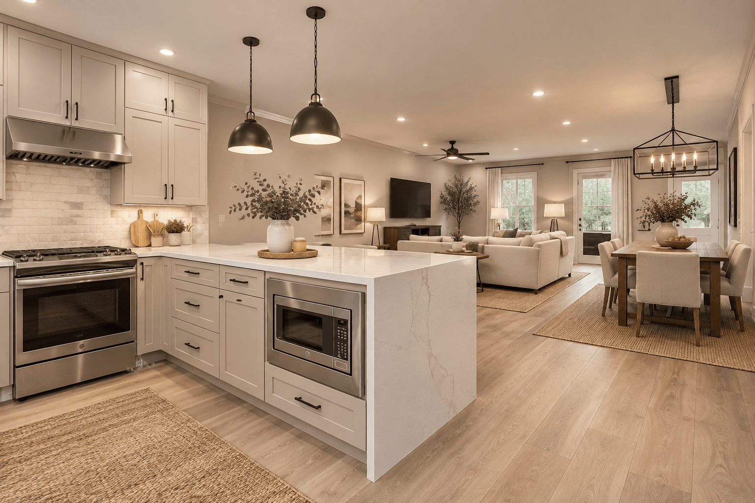 Open plan kitchen with white shaker cabinets, a stainless range under a wall hood, and a white quartz peninsula with a waterfall edge, opening straight through to a living room and a dining table beyond, one run of light oak flooring carrying across all three, the layout an open concept kitchen remodel is built to produce