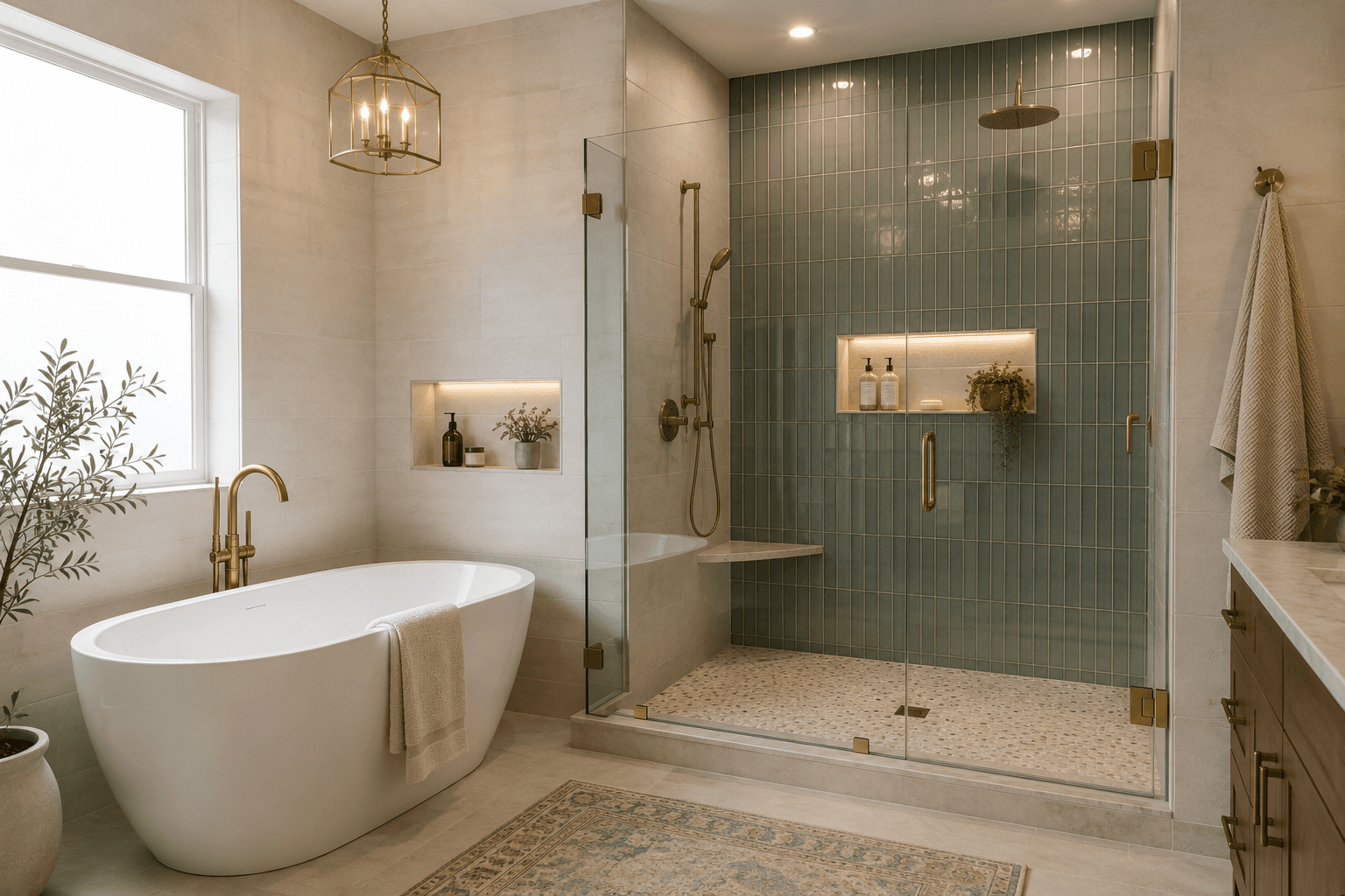Walk-in shower lined in glossy green vertical tile behind frameless glass doors, with a corner bench, a lit niche, a rain head and a handheld on a slide bar, a pebble mosaic floor and a low tiled curb, standing beside a freestanding tub in a bathroom of the kind a walk-in shower installation is built into